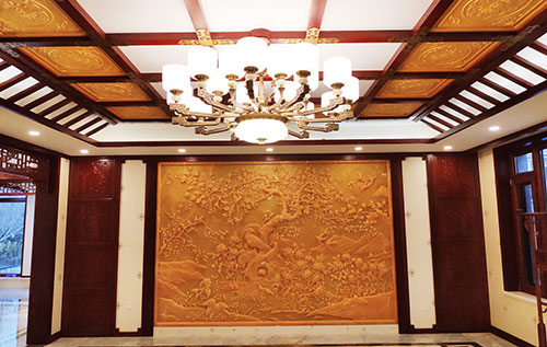 宽城中式别墅客厅中式木作横梁吊顶装饰展示
